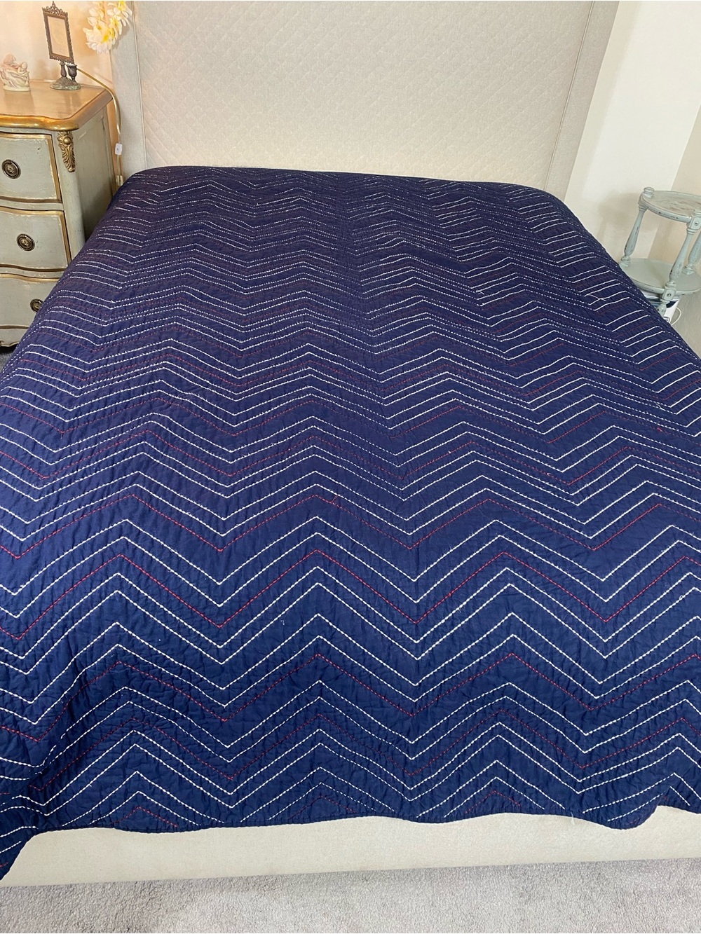 Threshold Navy Chevron Quilt with Subtle Red Stitching